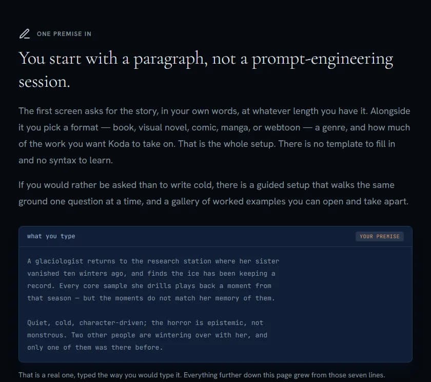 Firn's premise screen with a seven-line story idea
