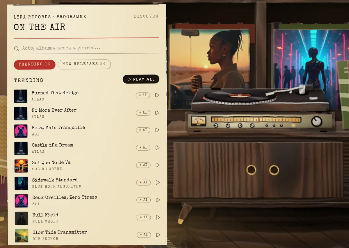 Lyra's Discover programme listing trending tracks, each marked AI