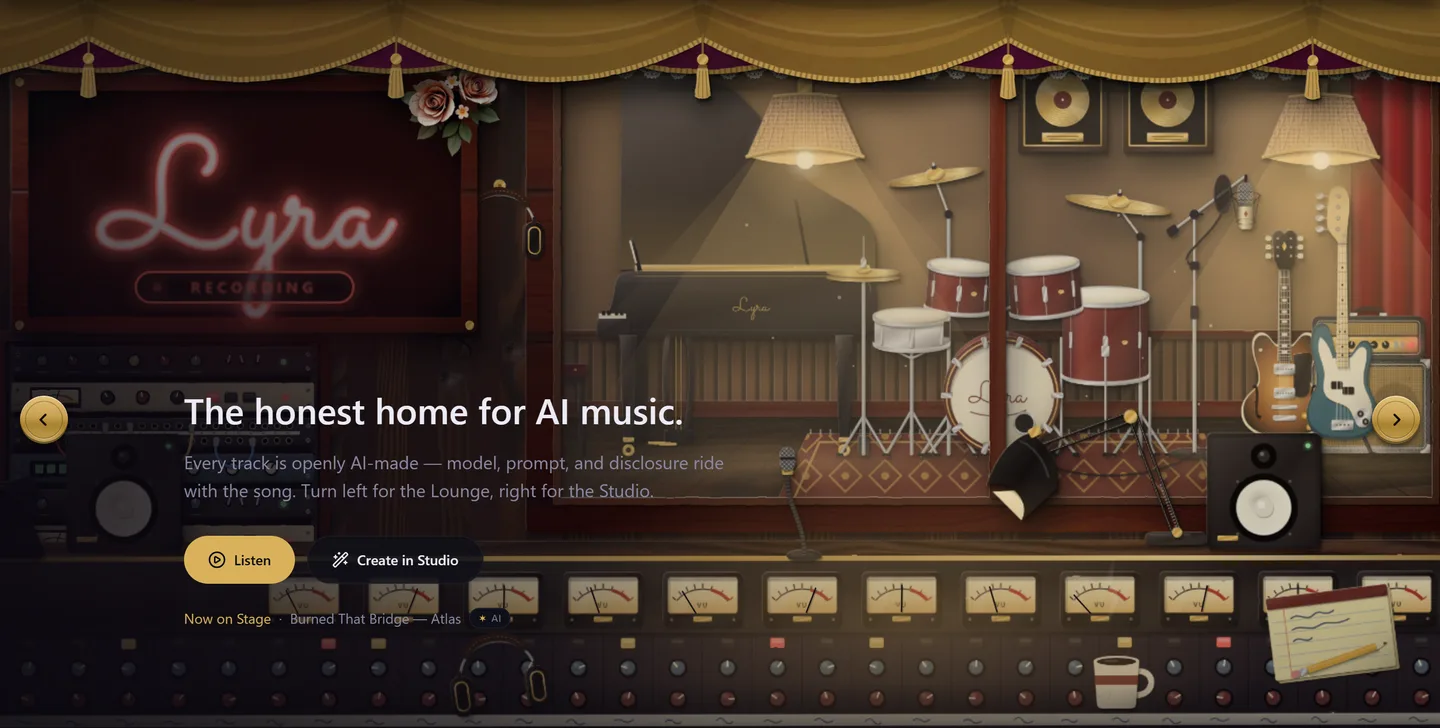 Lyra's home page: a recording studio stage with the headline The honest home for AI music